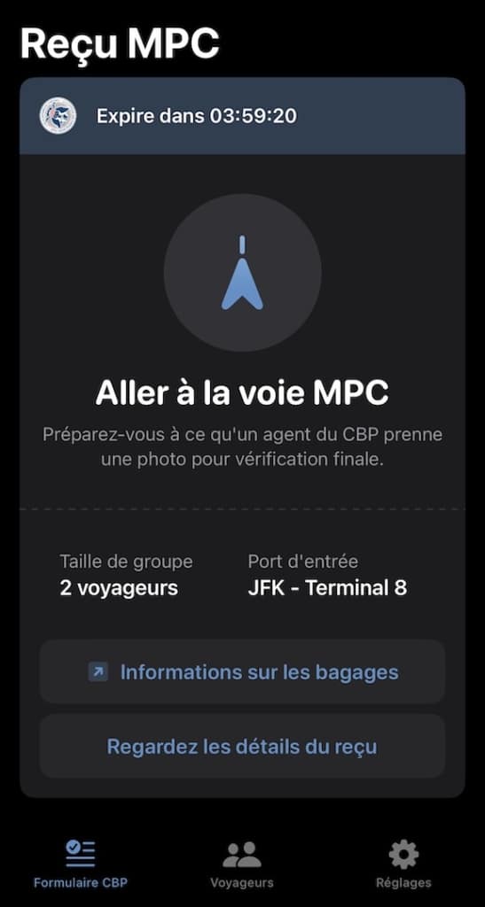 Capture d'écran ticket Mobile Passeport Control