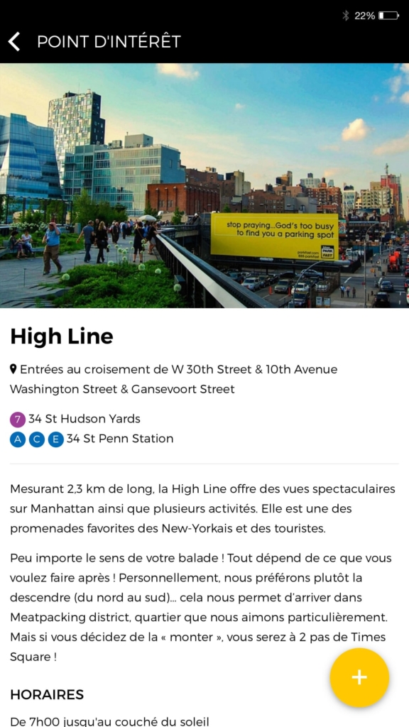 Fiche des points l'intérêt dans l'application Partir à New York