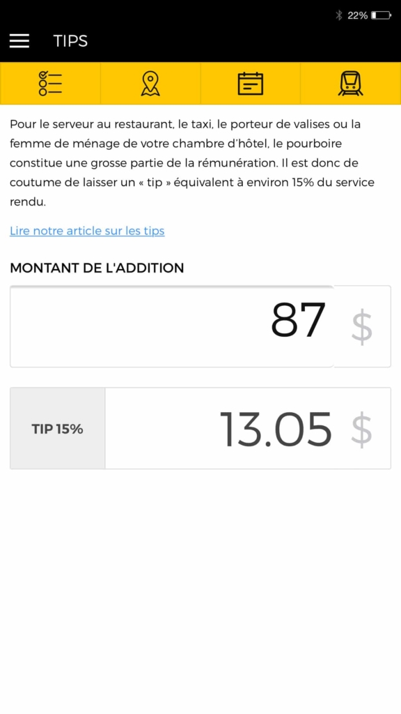 Capture d'écran avec une aide pour calculer les pourboires à donnés à New York