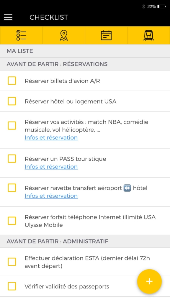 Capture d'écran de l'application Partir à New York avec la checklist