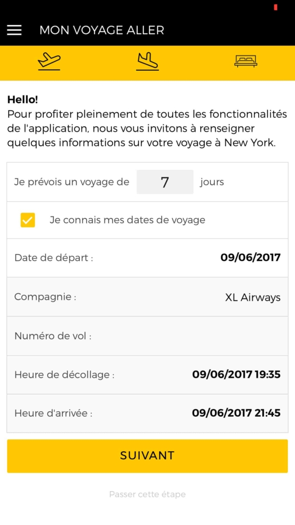 Capture d'écran de l'application Partir à New York avec les dates de séjour à indiquer