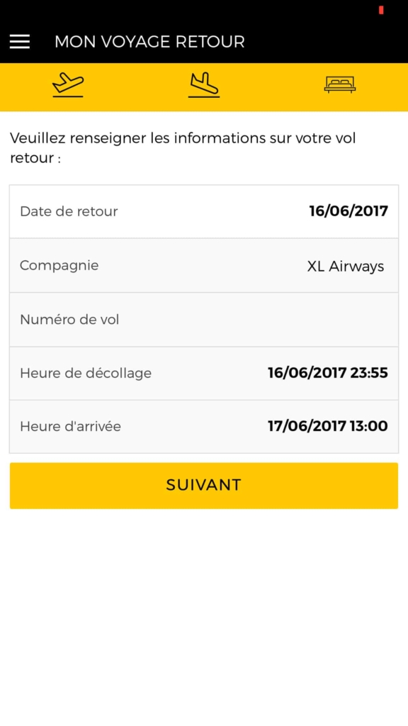 Capture d'écran de l'application Partir à New York avec les informations de vol