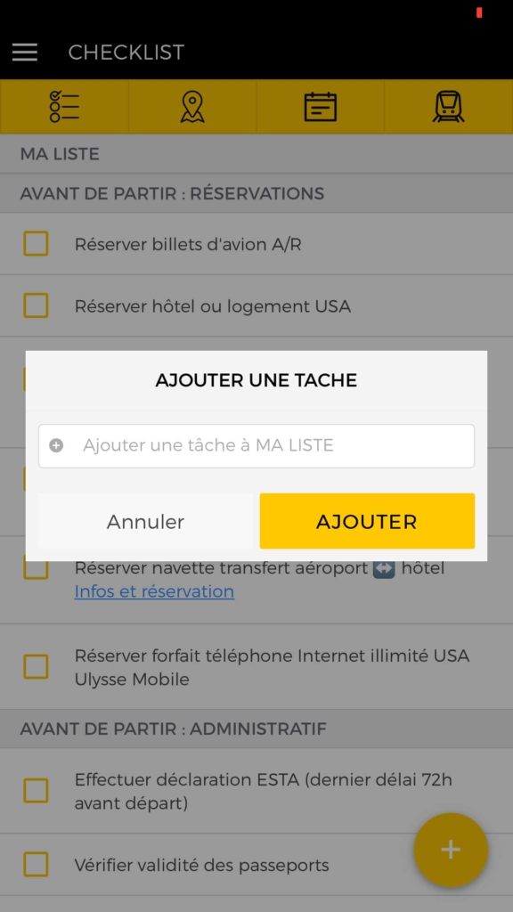 Capture d'écran de l'application Partir à New York avec la checklist et la possibilité d'ajouter une tache