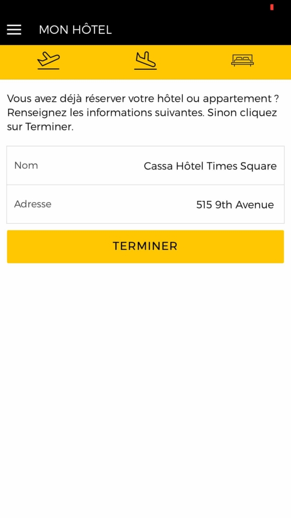 Capture d'écran de l'application Partir à New York avec les informations d'hotel