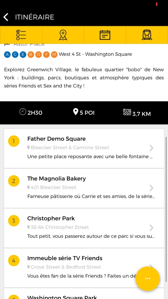 Les itinéraires point par point dans l'application Partir à New York