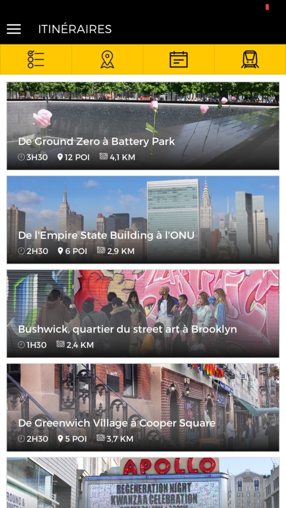 Les itinéraires de New York dans l'application Partir à New York