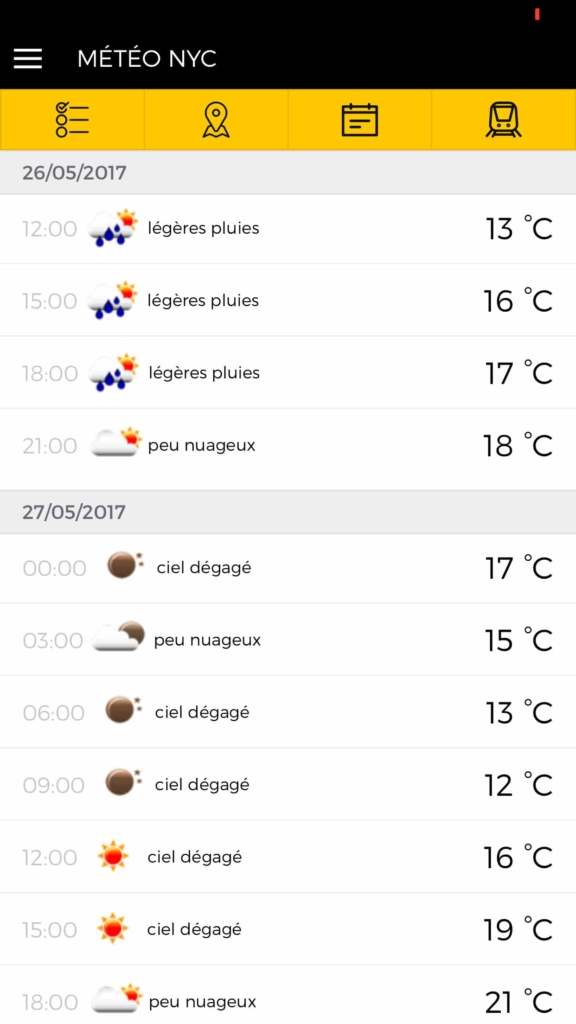 Météo dans l'application Partir à New York