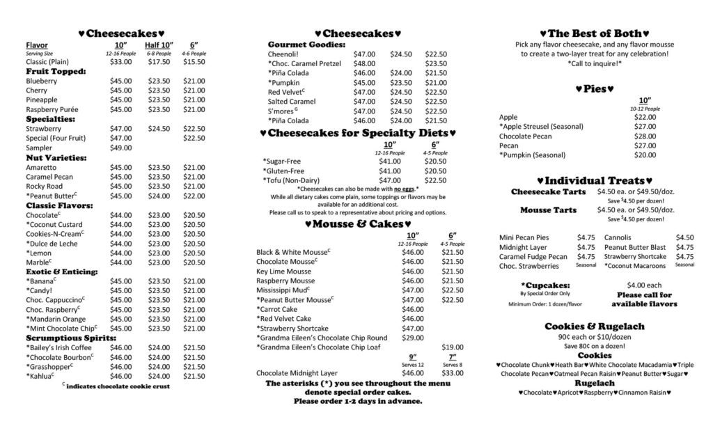 Carte verso avec les prix des cheesecakes chez Eileen’s Special Cheesecake